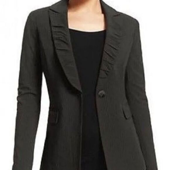 CAbi Black Pinstriped Ruched Trim Blazer Sz 16 - Picture 1 of 9